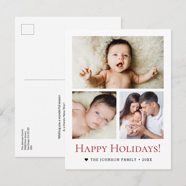 Modern Red Black White 3-Photo Holiday Family Postcard (Front/Back)