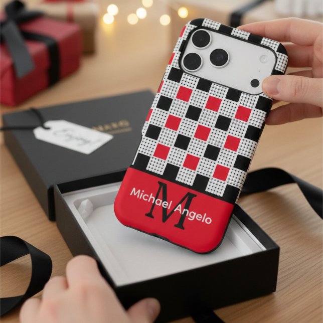 Modern Red Black & White Checkerboard Monogram (Créateur téléchargé)