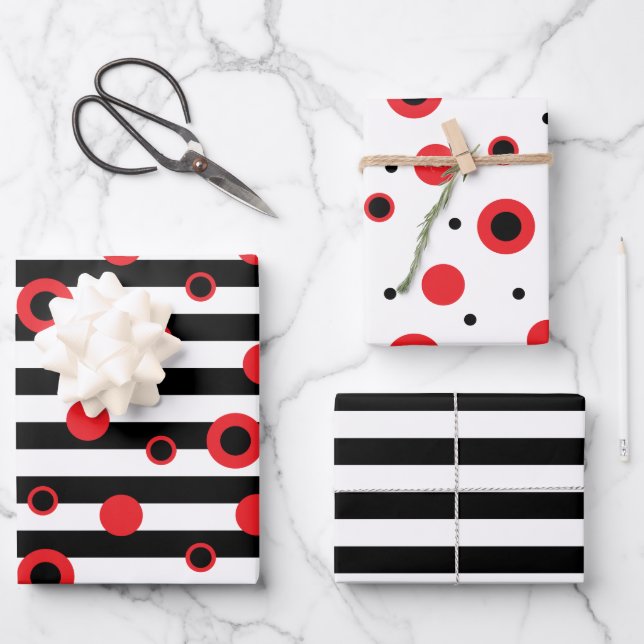 Modern red, black, white circles and stripes wrapping paper sheet (Front)