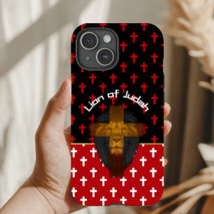 Modern Red Black White Crosses Lion of Judah iPhone 15 Case