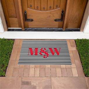 Modern red black white stripes custom monogram doormat