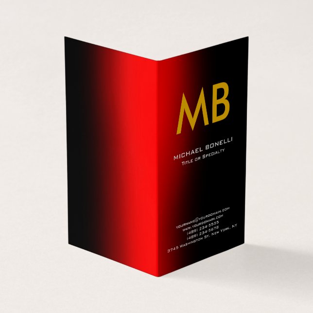 Modern red black yellow monogram business card (Outside)