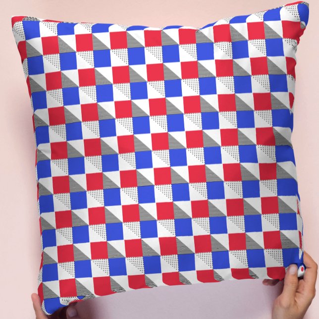 Modern red blue black and white memphis geometric throw pillow (Creator Uploaded)