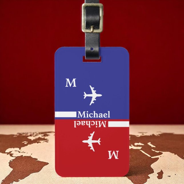 Modern Red Blue luggagetag with name Luggage Tag (Creator Uploaded)