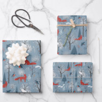 Modern Red Blue Nordic Winter Foxes Birds Pattern 