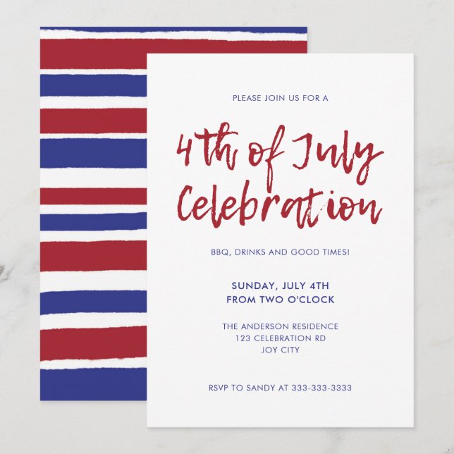 Modern Red Blue Stripes 4th of July Independence Invitation (Front/Back)