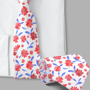 Modern red blue watercolor flowers tie