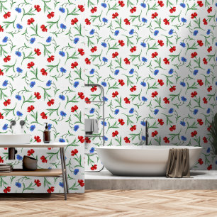 Modern Red Blue & White Floral Liberty Cute Girly Wallpaper