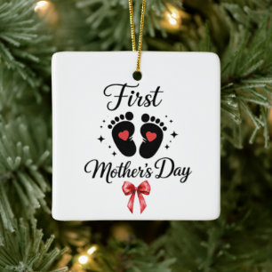 Modern Red Bow 1st Mother's Day Custom Typography Ceramic Ornament