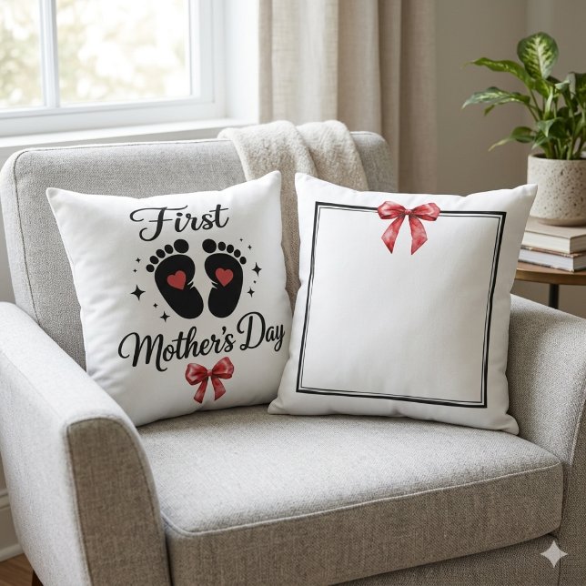 Modern Red Bow 1st Mother's Day Custom Typography Throw Pillow (Creator Uploaded)
