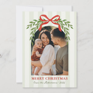 Modern Red Bow Greenery Arch 1 Photo Christmas Holiday Card