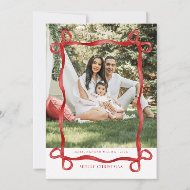 Modern Red Bow Merry Christmas Photo Holiday Card (Front)