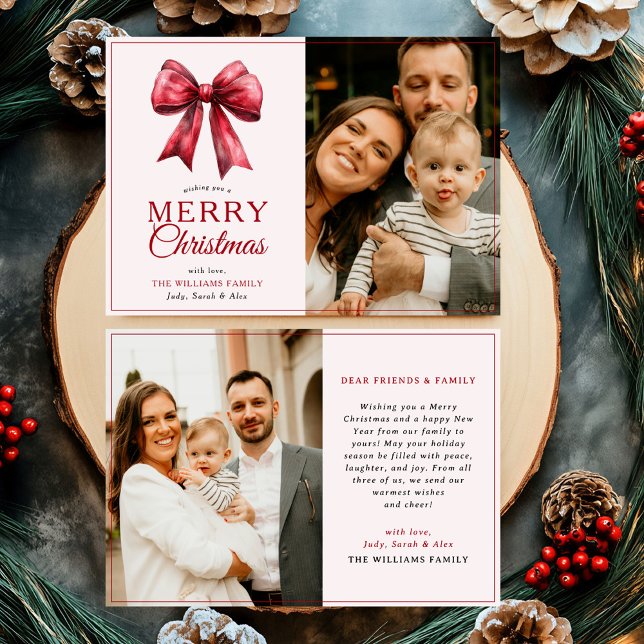 Modern Red Bow Merry Christmas Photo Holiday Card (Creator Uploaded)