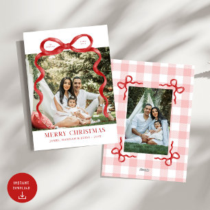 Modern Red Bow Merry Christmas Photo Holiday Card