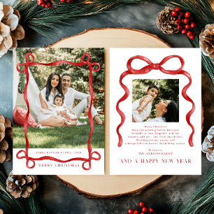 Modern Red Bow Merry Christmas Photo Invitation
