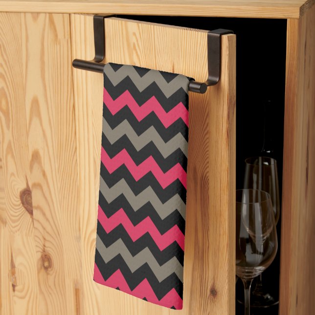 Modern Red Brown Black Chevron Pattern Kitchen Towel (Thirds Fold)