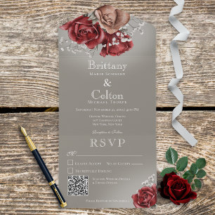 Modern Red & Brown Roses Floral Grey QR Code All In One Invitation