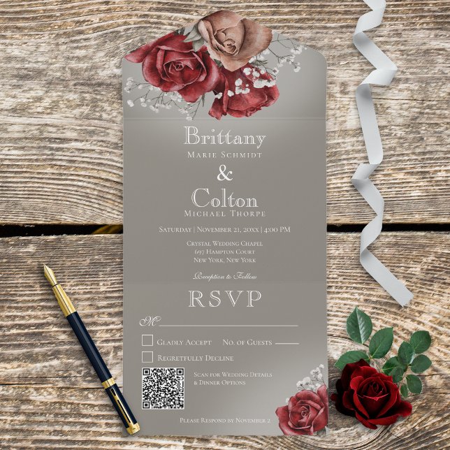 Modern Red & Brown Roses Floral Grey QR Code All In One Invitation (Creator Uploaded)