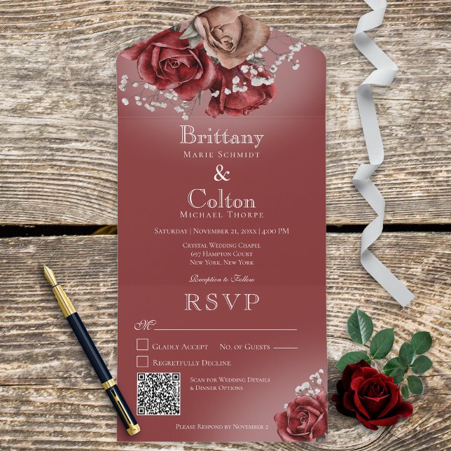 Modern Red & Brown Roses QR Code All In One Invitation (Creator Uploaded)