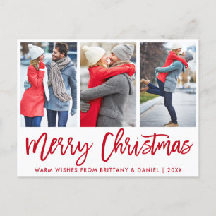 Modern Red Brush Script 3 Photo Couple Christmas Postcard
