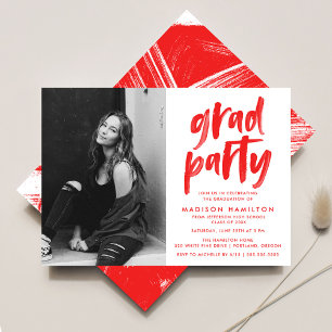 Modern Red Brush Script Photo Graduation Party Invitation