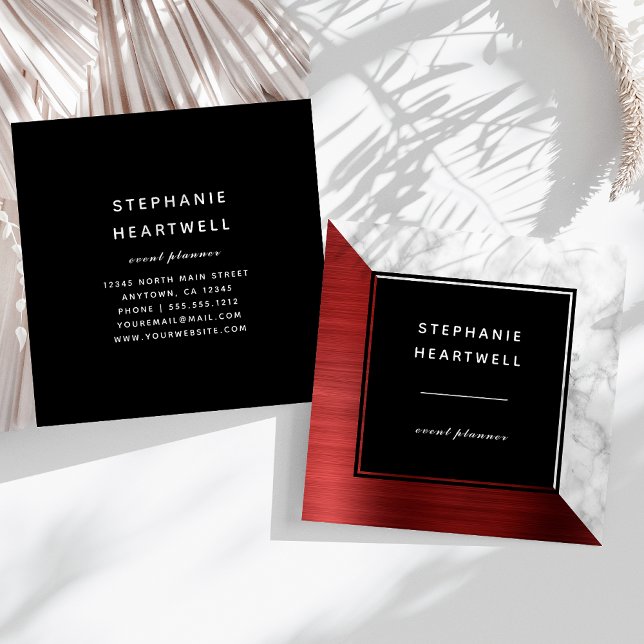 Modern Red Brushed Metal White Marble Black Square Business Card (Creator Uploaded)