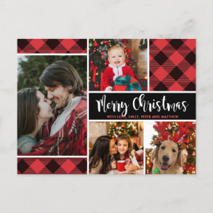 Modern Red Buffalo Plaid 4 Photo Collage Christmas Postcard
