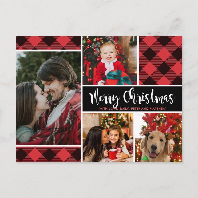 Modern Red Buffalo Plaid 4 Photo Collage Christmas Postcard (Front)
