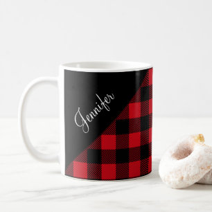 Modern Red Buffalo Plaid Check Pattern Name Coffee Coffee Mug