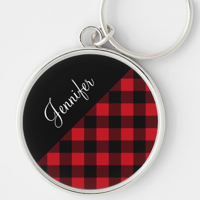 Modern Red Buffalo Plaid Check Pattern Name Keychain (Front)