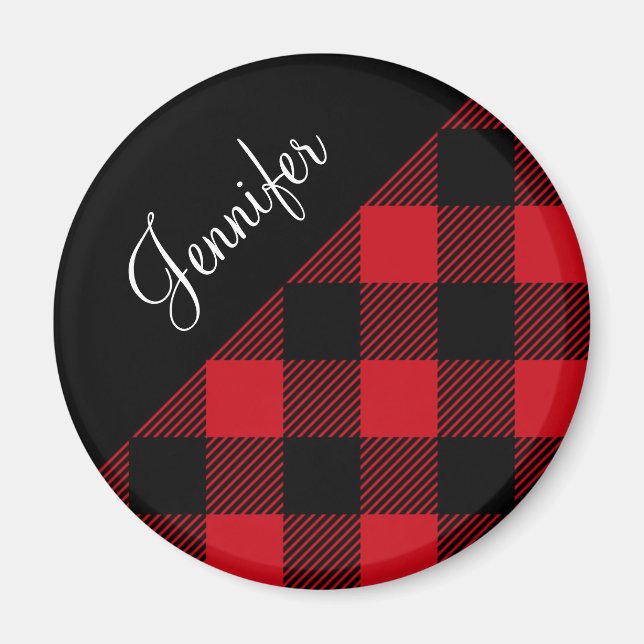 Modern Red Buffalo Plaid Check Pattern Name Magnet (Front)