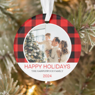 Modern Red Buffalo Plaid Christmas Family Photo Ornament