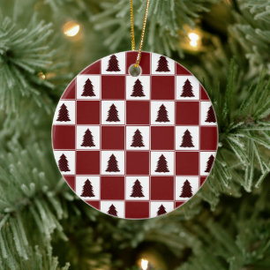 Modern Red Buffalo Plaid Christmas Tree Pattern Ceramic Ornament