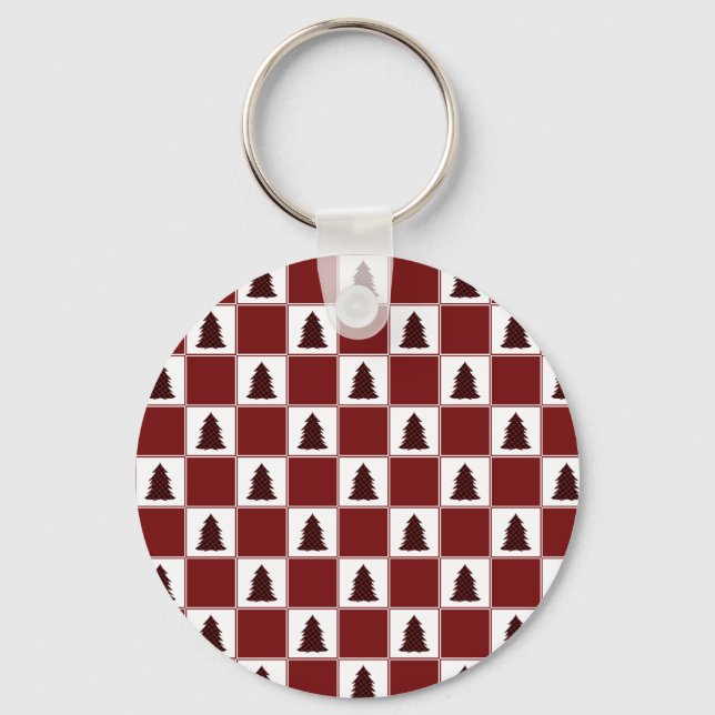 Modern Red Buffalo Plaid Christmas Tree Pattern Keychain (Front)
