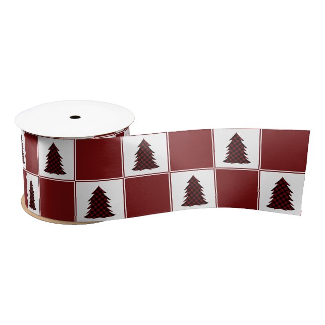 Modern Red Buffalo Plaid Christmas Tree Pattern Satin Ribbon (Spool)