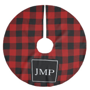 Modern Red Buffalo Plaid Personal Initial Brushed Polyester Tree Skirt