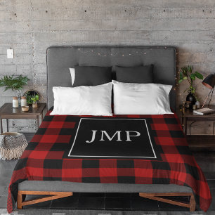 Modern Red Buffalo Plaid Personal Initial Fleece Blanket