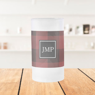 Modern Red Buffalo Plaid   Personal Initial  Frosted Glass Beer Mug