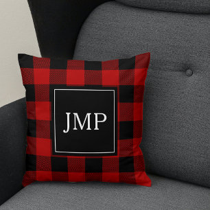 Modern Red Buffalo Plaid Personal Initial Throw Pillow