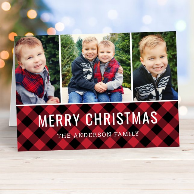 Modern Red Buffalo Plaid Photo Collage Holiday Card (Creator Uploaded)