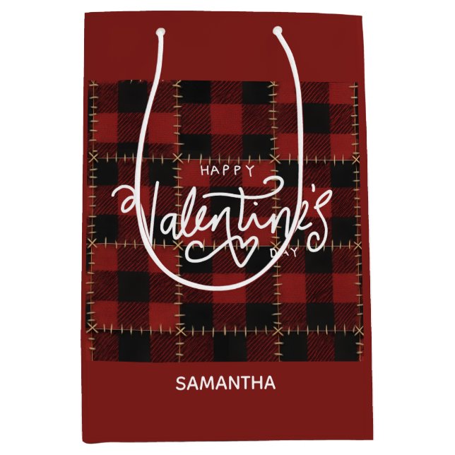 Modern Red Buffalo Plaid Valentines Day Name  Medium Gift Bag (Front)