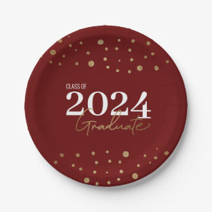 Modern Red Burgundy Gold Class of 2024 Graduate Paper Plate