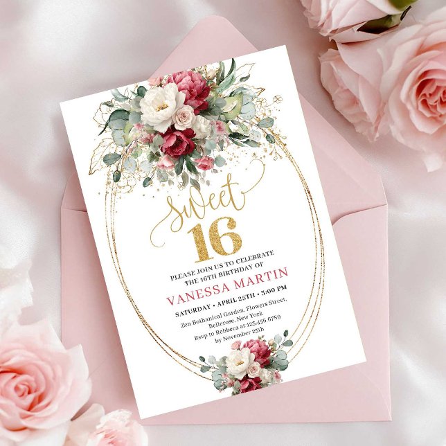 Modern Red Burgundy Gold Floral Sweet 16 Invite (Modern Red Burgundy Gold Floral Sweet 16 Invitation)