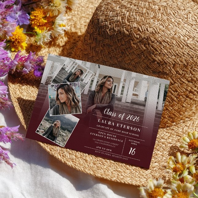 Modern red burgundy minimalist photo graduation invitation (Modern red burgundy minimalist photo graduation invitation)