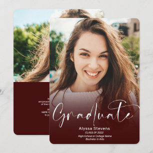 Modern red burgundy script 2 photos graduation announcement