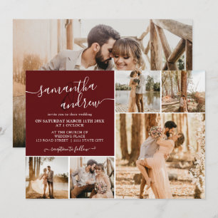 Modern red burgundy script 6 photos wedding invitation