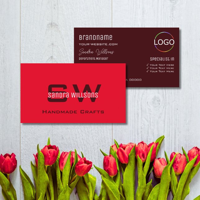 Modern Red Burgundy Stylish with Monogram and Logo Business Card (Creator Uploaded)