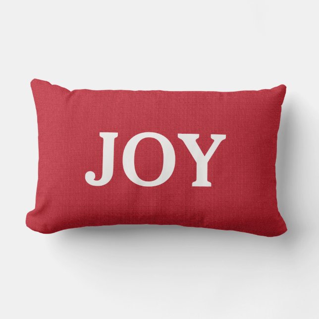 Modern red burlap custom JOY script holiday Lumbar Pillow (Front)