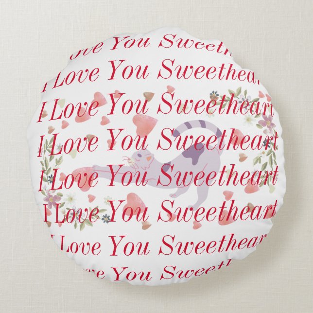 Modern Red Calligraphy & a Cat in the Background Round Pillow (Back)