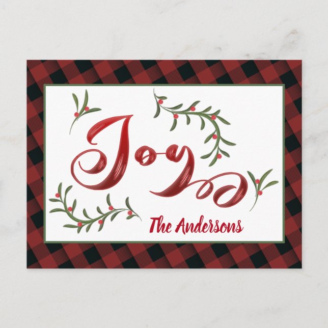 Modern Red calligraphy joy holly Holiday Card (Front)